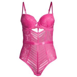 NWOT Black Fuchsia by Secret Lace Mesh Bodysuit, S, M, Rose/Hot Pink